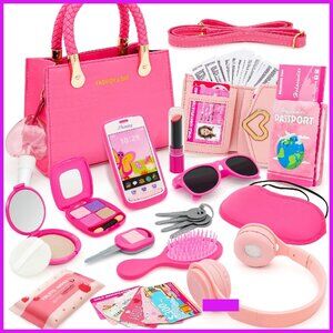 Pretend Play Purse Set with Makeup Accessories for Girls Travel Toy